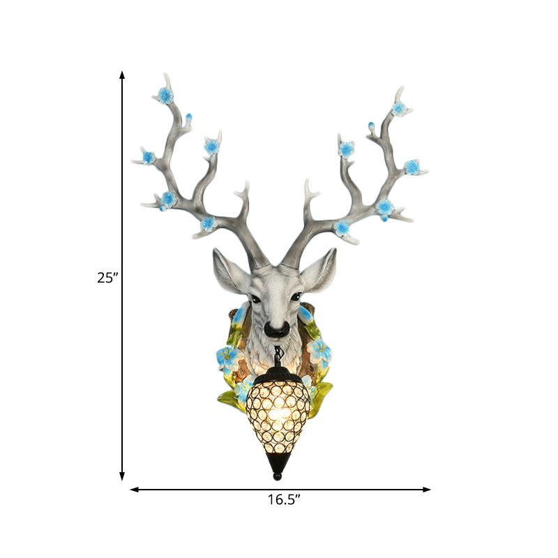 White/Yellow 1 Light 16.5"/23" W Sconce Light Traditional Resin Deer Wall Lighting Fixture with Teardrop Crystal Shade