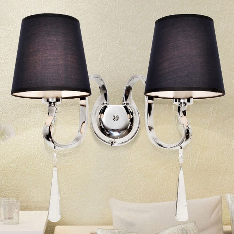 Black Taper Shade Wall Mount Light Modern 2-Bulb Fabric Sconce Fixture with Stainless Steel Wavy Arm and Crystal Drop