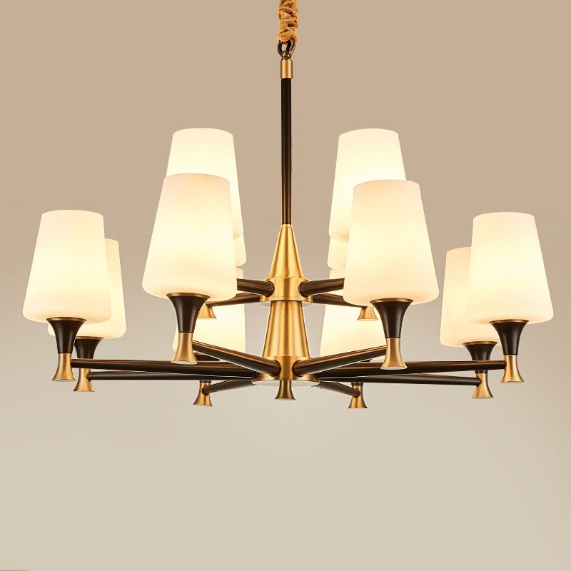 Conical White Glass Chandelier Light Traditional Bedroom Ceiling Suspension Lamp in Black