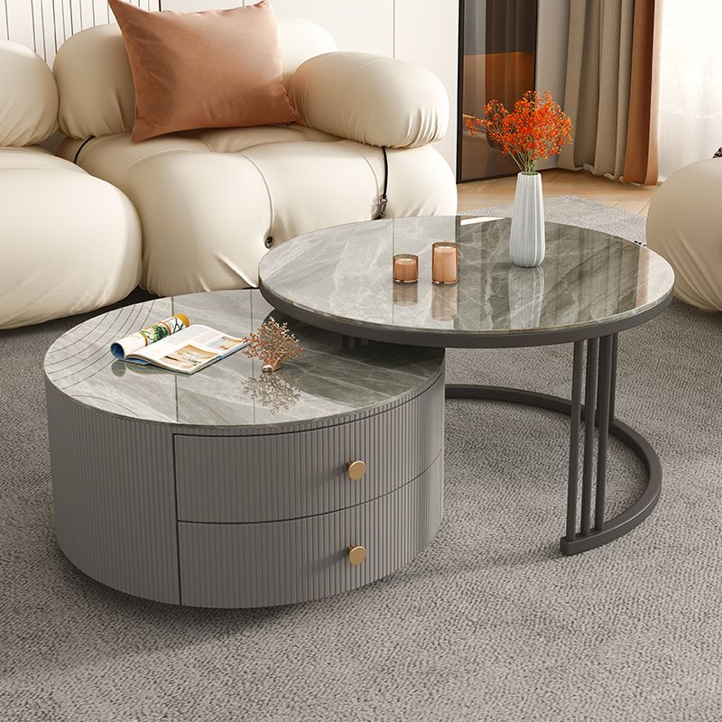 Contemporary Round Coffee Table 2-Piece Coffee or End Table in White and Grey