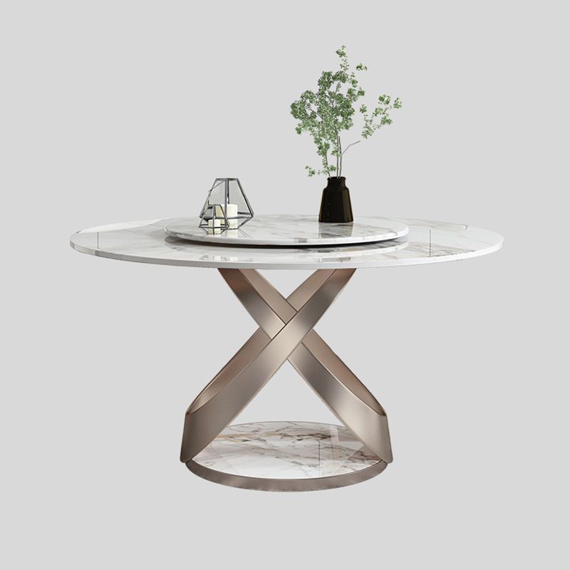 Modern Round Drop-leaf Table Stone with Metal Base Pedestal Dining Table