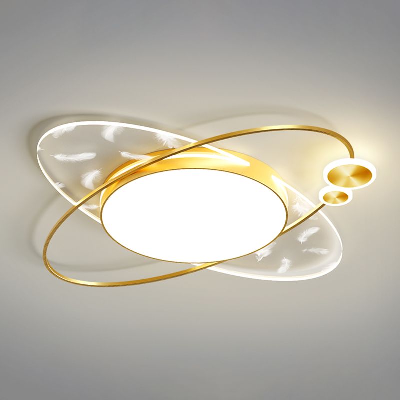 Modern Creative Feather LED Semi Flush Mount Circular Wrought Iron Ceiling Light with Acrylic Shade