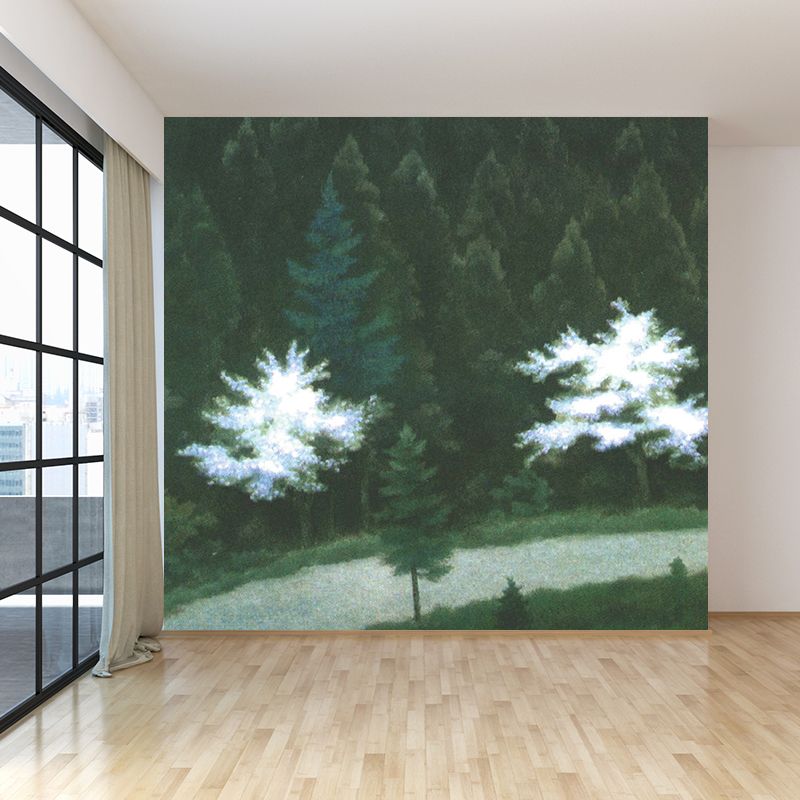 Illustration Style Pine Trees Mural Giant Wall Covering for Dining Room, Personalise