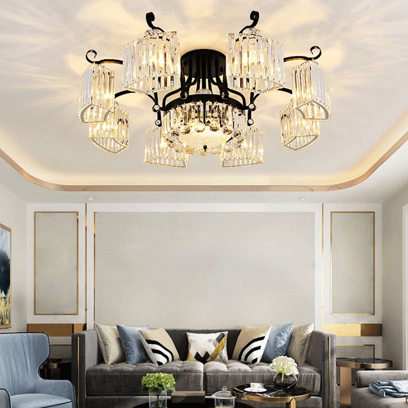 Crystal Prism Semi Flush Light Vintage Black Round Living Room Massimale Montato Lampada