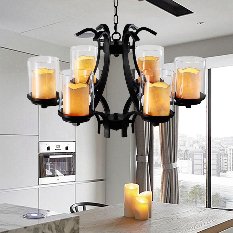 6 Lights Dining Room Ceiling Lamp Country Black Chandelier Light with Cylinder Marble and Clear Glass Shade