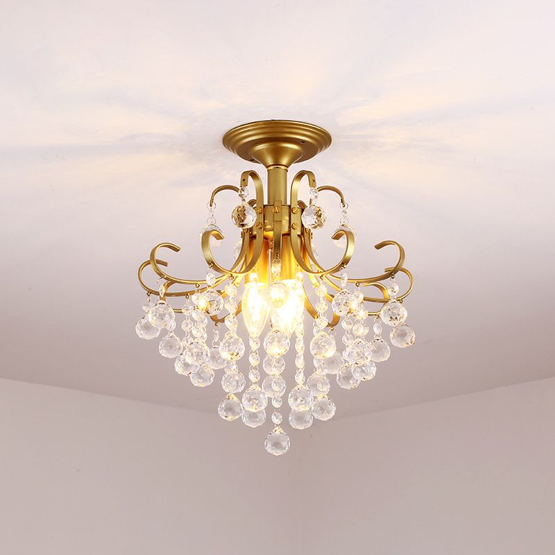 Farmhouse Bent Arm Frame Ceiling Light 3 Lights Metal Semi Flush Mount with Crystal Droplet