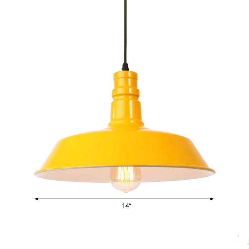 Metal Barn Shade Hanging Lamp Retro Style 1 Bulb Living Room Ceiling Pendant Fixture in Pink/Yellow, 10"/14"/18" Diameter