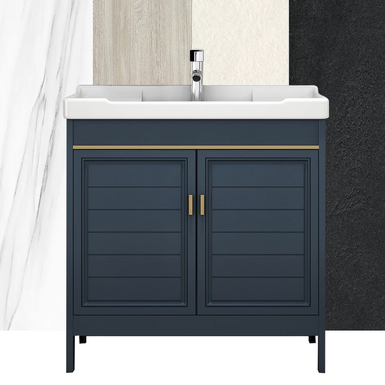 Blue Bath Vanity Single Sink Freestanding Metal Frame Mirror Vanity with Soft Close Doors