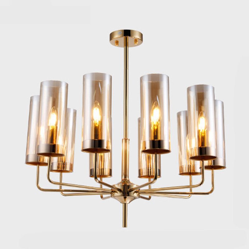 Post-Modern Metal Hanging Chandelier Light Cylindrical Glass Shade Ceiling Chandelier in Gold for Living Room