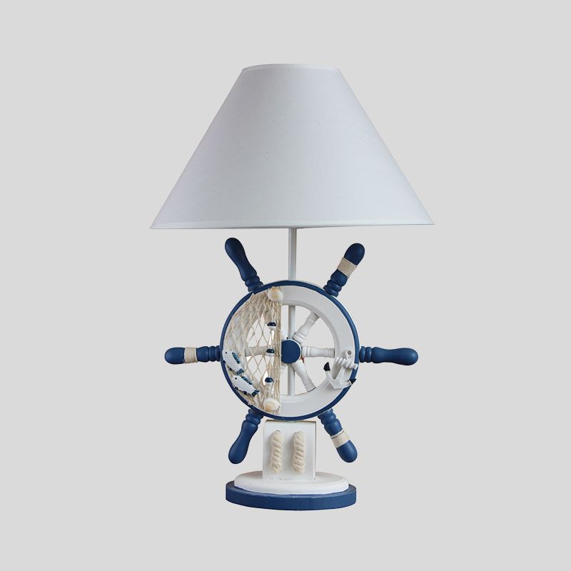 Luz de mesa de noche con forma de timón de madera, lámpara de noche azul única de estilo mediterráneo con pantalla de tela cónica