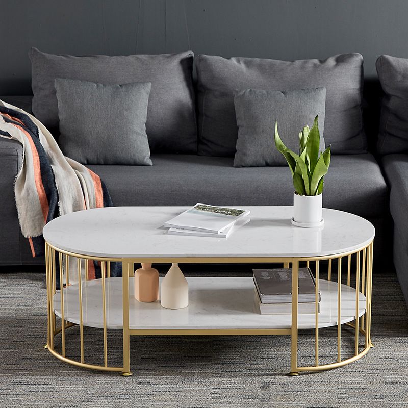 Glam Style Cocktail Table with Shelf and Stone Top and Steel Base