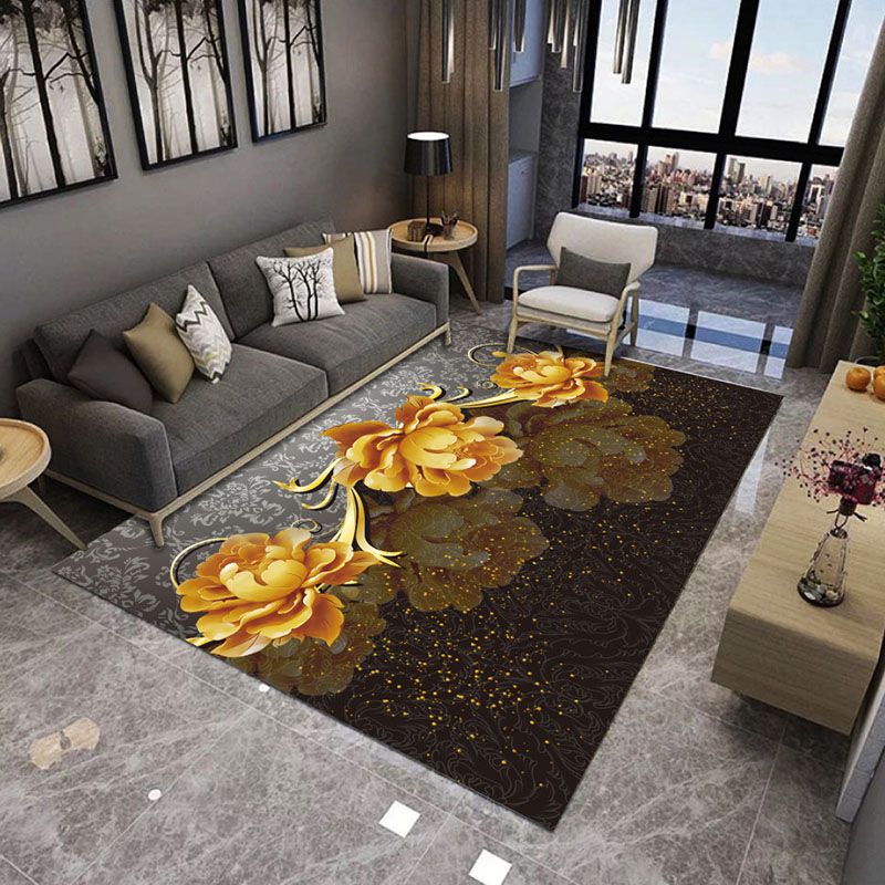 Grey Plant Print Area Carpet Modern Polyester Area Rug Anti-Slip Washable Rug for Living Room