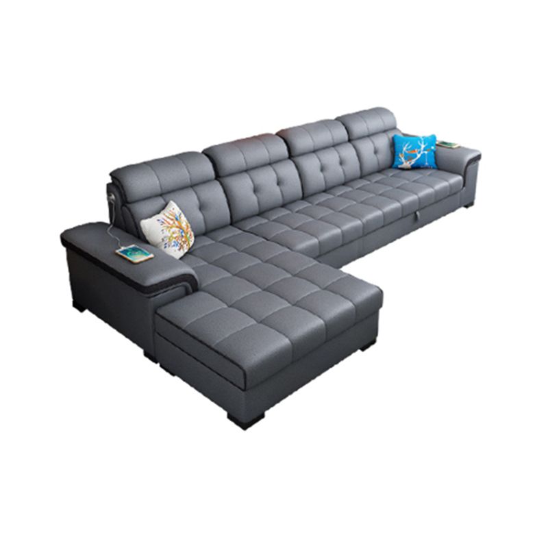 Sewn Pillow Back Sectional Convertible Grey Sofa Bed with Adjustable Headrest