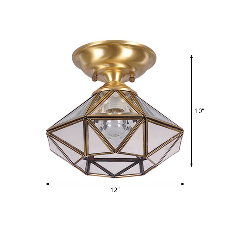 10"/12" W Colonial Diamond Flush Ceiling Light 1-Light Clear Beveled Glass Panels Flush Mount in Brass