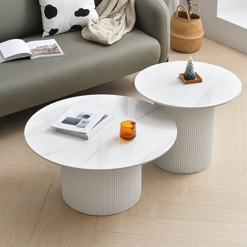 Slate Round Coffee Table Pedestal Cocktail Table Set in White