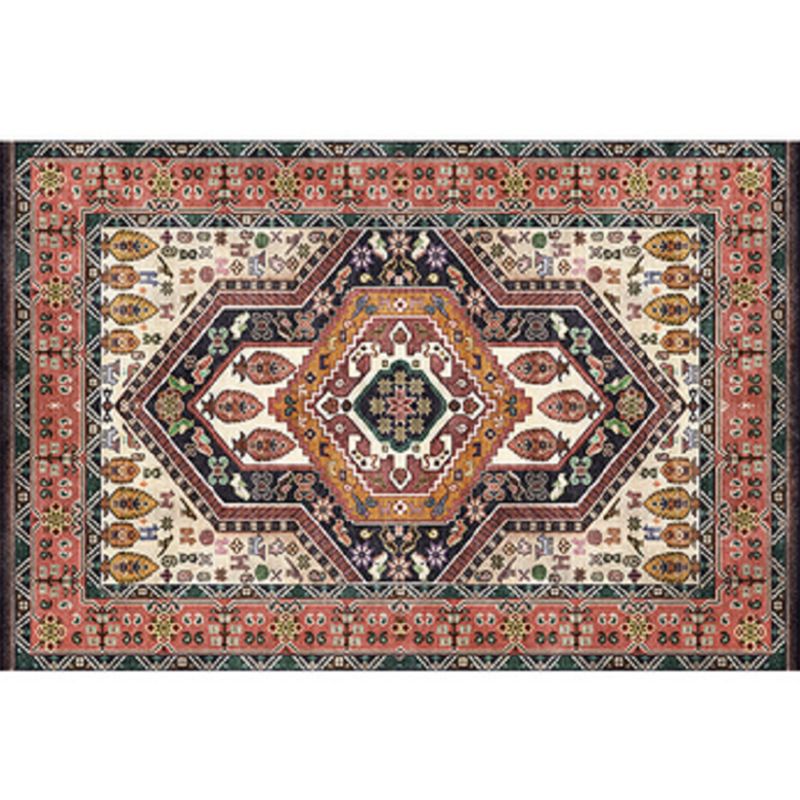 Red Tone Moroccan Indoor Rug Polyester Tribal Totem Print Carpet Easy Care Rug for Home Decoration