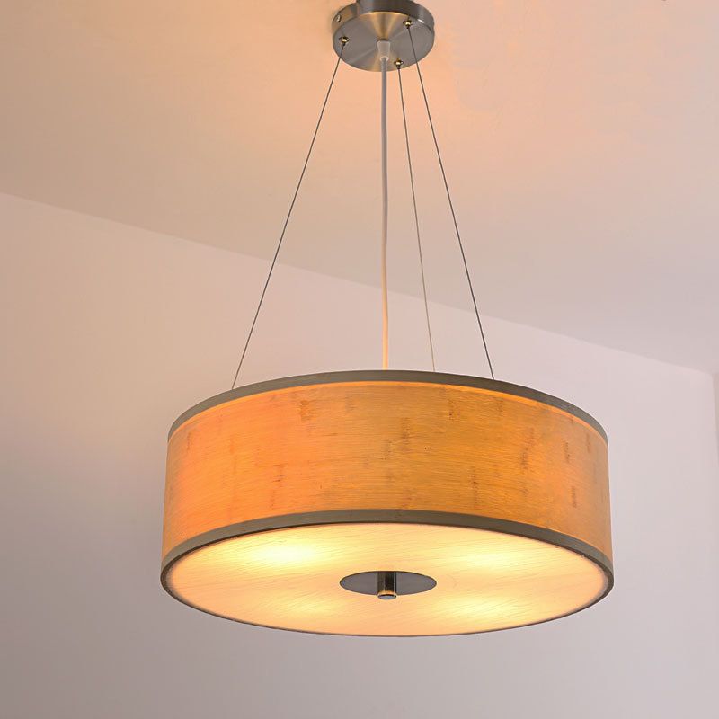 Contemporary Drum Hanging Light Bamboo 1 Bulb Ceiling Pendant Lamp in Wood with Recessed Diffuser
