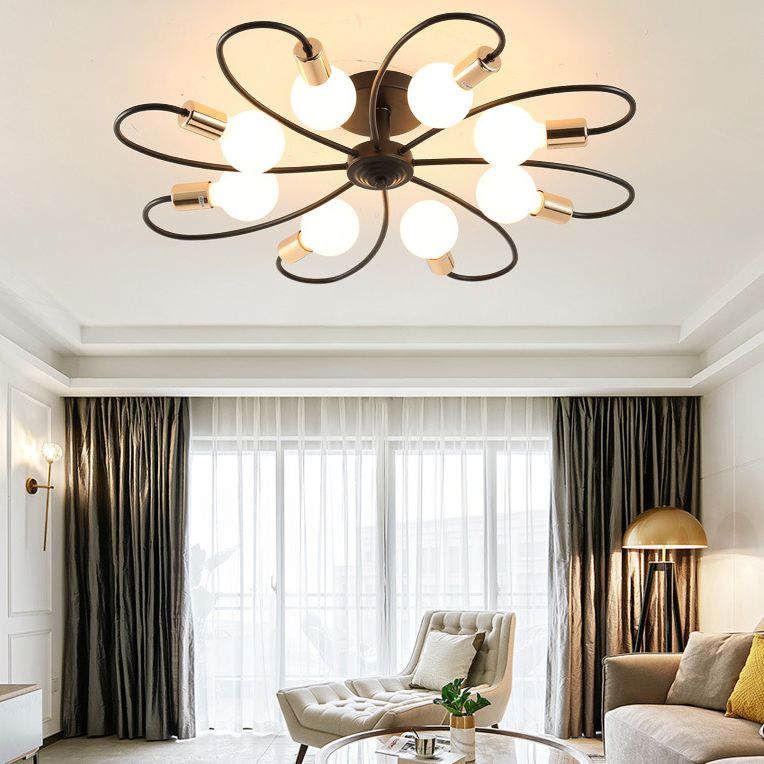 Black Sputnik Semi Flush Mount in Industrial Vintage Style Bare Bulb Metal Ceiling Light for Dining Room