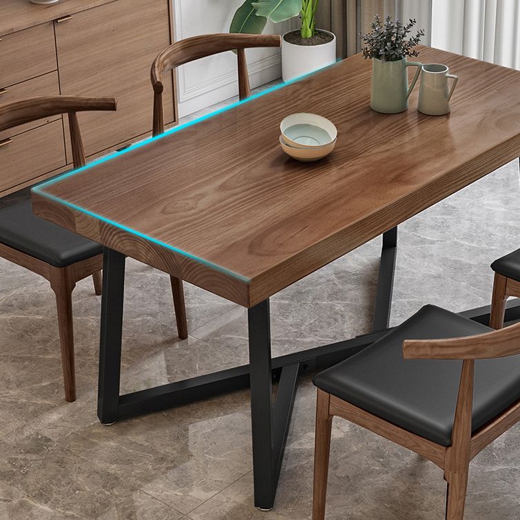 Industrial Solid Wood Dining Table Brown Rectangle Table with Metal Base for Dinning Room