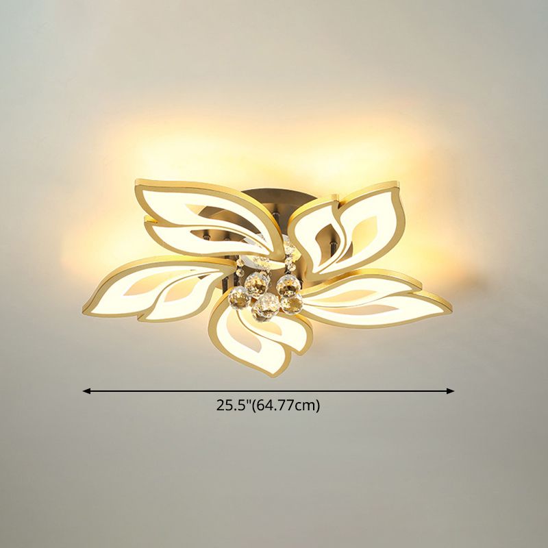 Gold Finish Flower Ceiling Lighting Contemporary LED Metal Semi Flush Mount with Crystal Ball