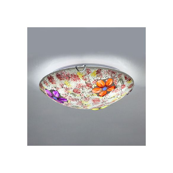 Plafonnier rond de style Tiffany en verre teinté, plafonnier encastré à 1 ampoule avec motif floral en violet/rose