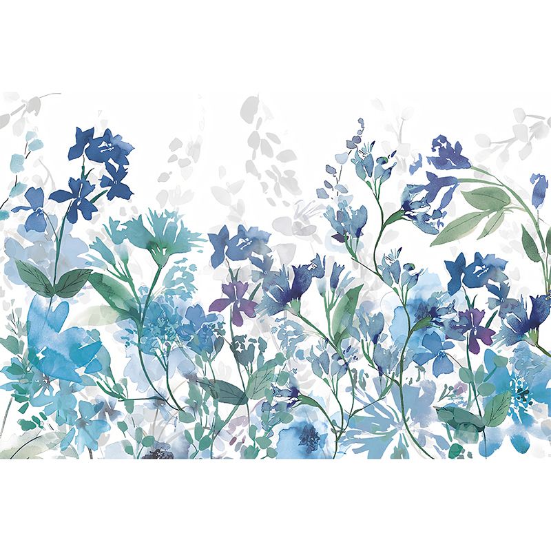 Watercolors of Blossom Mural Wallpaper in Purple and Blue, Contemporary Wall Art for Guest Room