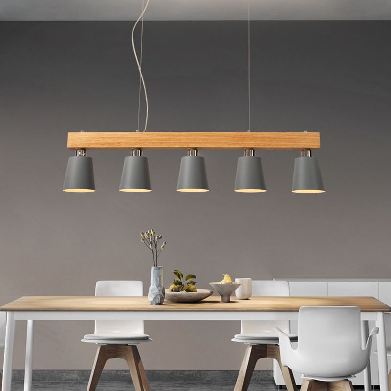 Linear Wooden Island Light Fixture Nordic Suspension Light with Tapered Metal Shade
