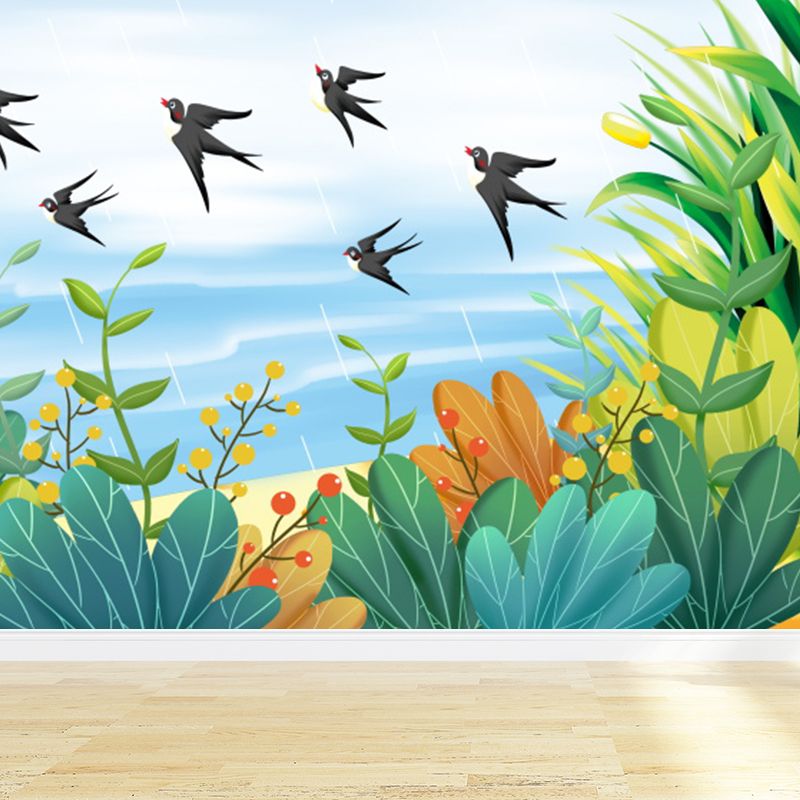 Romantic Birds and Botanical Mural Decal for Living Room, Turquoise, Personalize