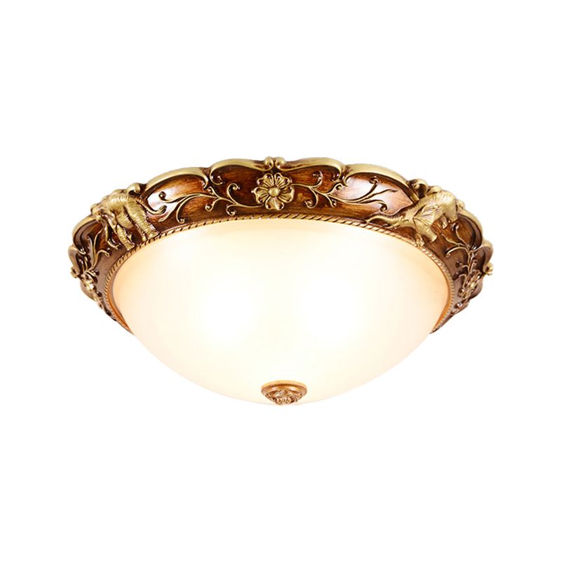 3 Heads Flush Mount Fixture Traditional Bowl White Glass Ceiling Lighting with Flowers and Elephants Deco in Brown