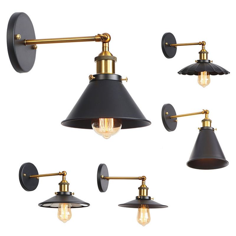 Black 1-Light Hanging Wall Lamp in Industrial Retro Style Aluminium Cone Wall Lamp with Iron Shade