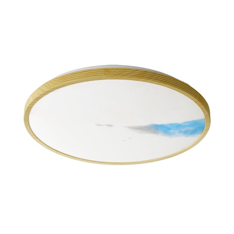 Yellow Circle Ceiling Lighting Simple Acrylic LED Flush Mount with Abstract Mountain and Fisherman Pattern