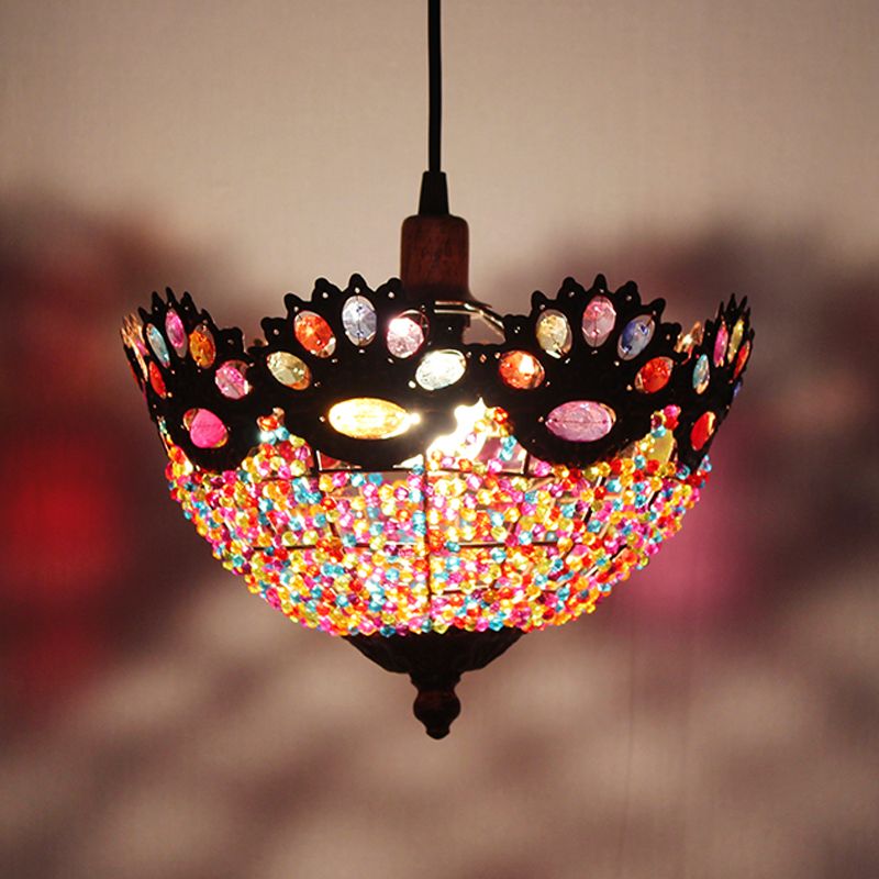 Bohemian Bowl Hanging Light Fixture 1 Light Metal Drop Pendant in Rust for Restaurant