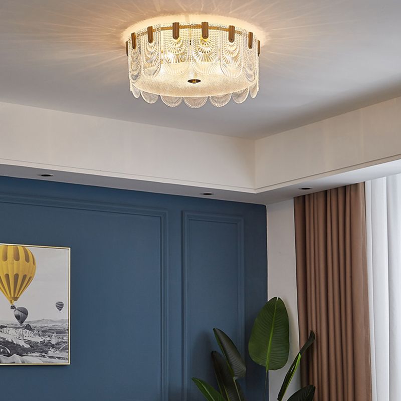 Gold Metal Flush Mount Light Armaturen Traditionele Drum Slaapkamer Flush Plafond Lampen met Glas Shade