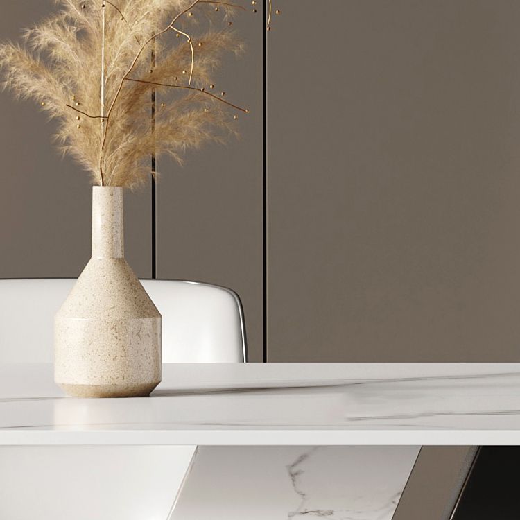 Mesa de cocina rectangular moderna de piedra sinterizada, mesa superior de piedra blanca con pedestal doble