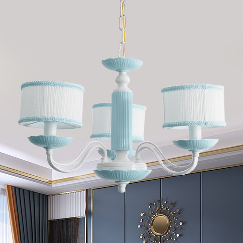 Macaroon 3/6 Bulbs Pendant Light Pink/Blue Drum Chandelier Lighting Fixture with Fabric Shade