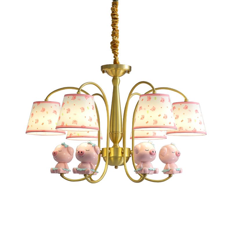 Patterned Fabric Tapered Chandelier Lighting Cartoon Gold Pendant Light with Resin Animal