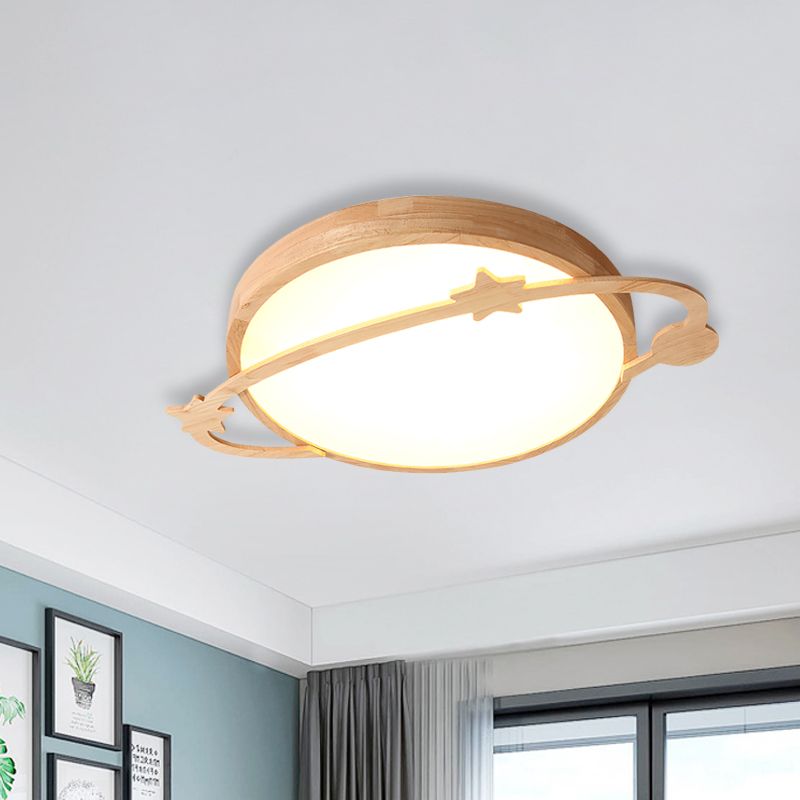 Kids Led Flushmount Light with Acrylic Shade Wood Planet Ceiling Fixture for Bedroom