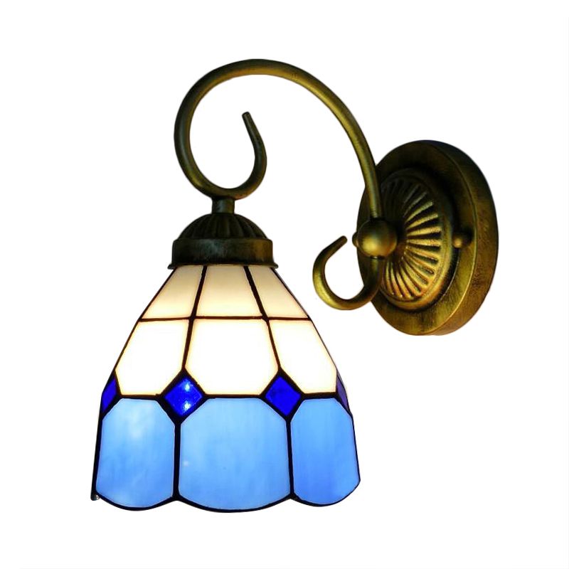 1 Head Bowl Wall Light Fixture Tiffany Orange/Blue/Pink Glass Sconce Light with Curved Arm for Corridor