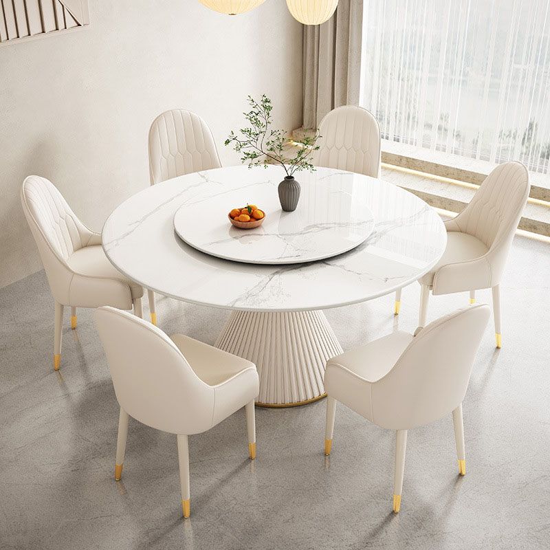 Glam Pedestal Dining Table White Dining Table with Turntable for Kitchen