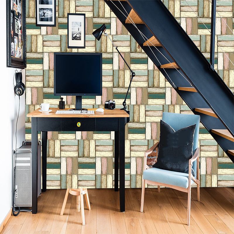 Stacked Wood Lumber Wallpaper Panels Brown Country Wall Art for Living Room, Adhesive