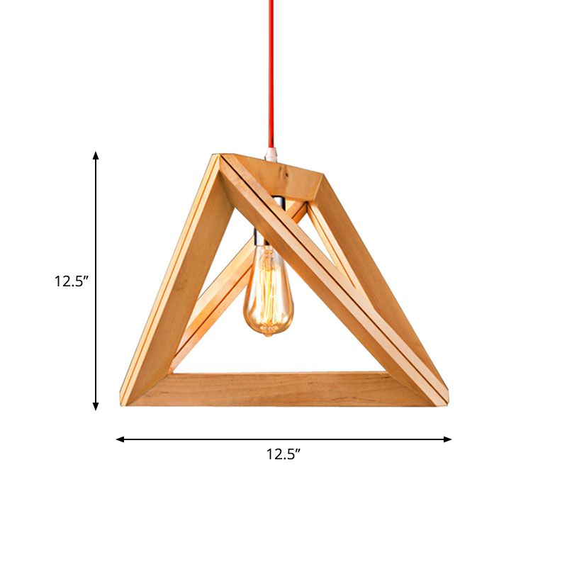 Simple Single Bulb Drop Pendant Beige Triangle Hanging Light with Wood Cage, 12.5"/14.5"/16.5" Width