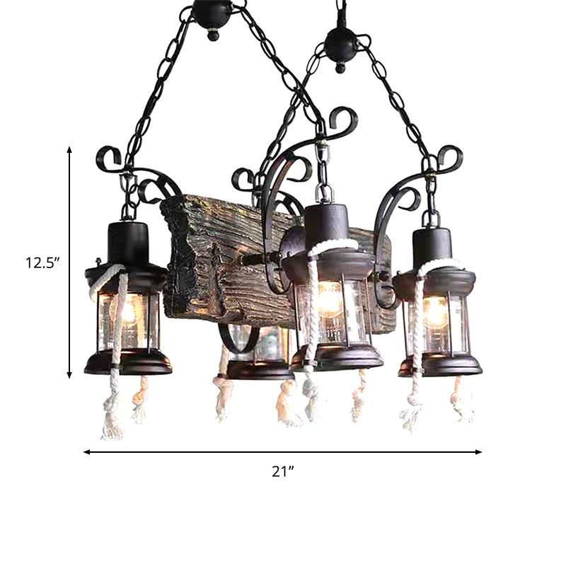 Lantern Clear Glass Chandelier Lamp Industrial 4/6 Heads Restaurant Ceiling Pendant Light in Wood