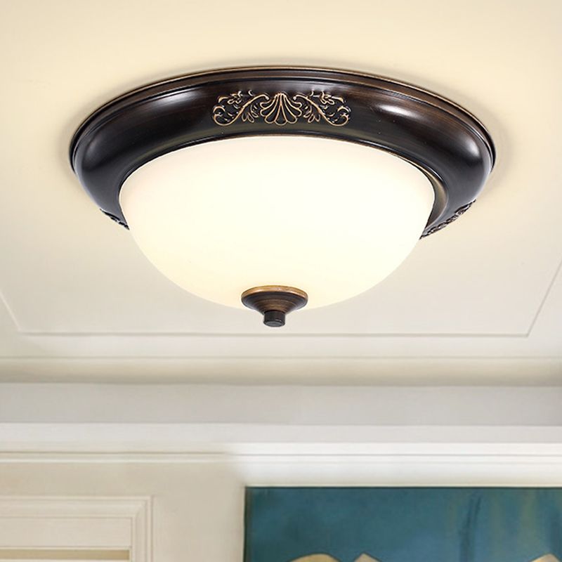 LED Dome Shape Flush Mount Light Countryside Black Opal Glass Ceiling Fixture, 12"/16"/20" Wide
