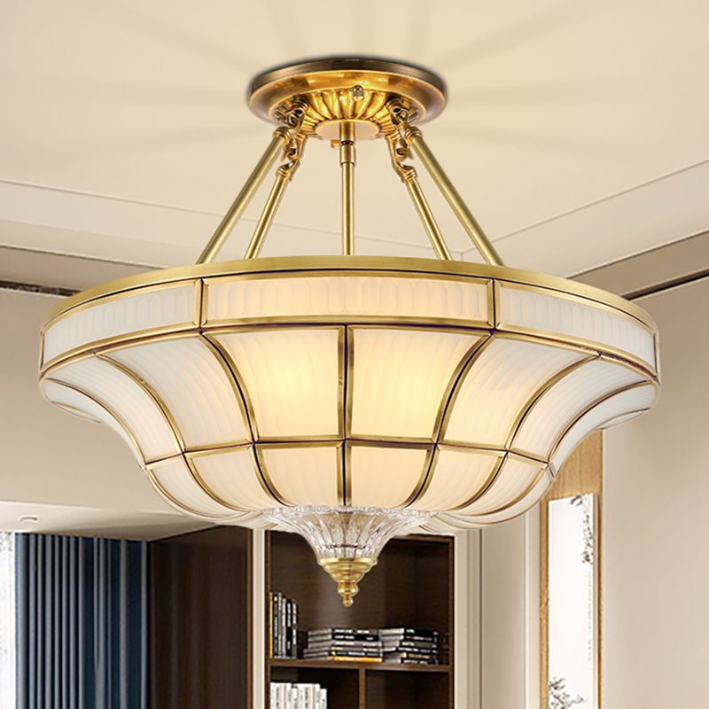 3/6 Lights Ceiling Mount Antique Curved Frosted Glass Semi Flush Lighting in Brass for Bedroom, 16"/19.5" Wide