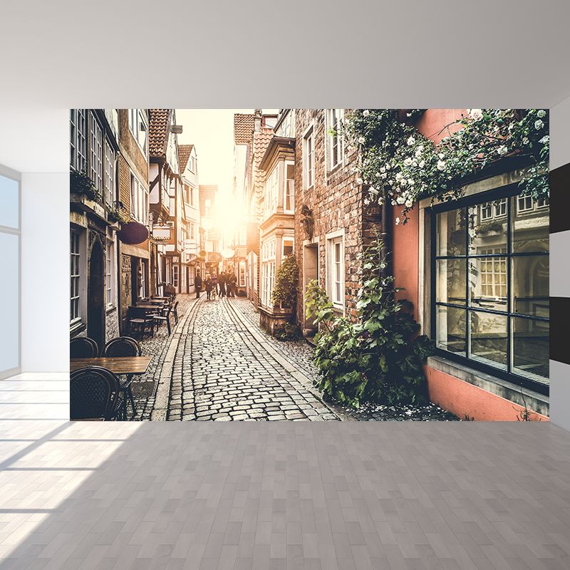 Pewter Morning Town Mural Wallpaper Moisture Resistant Wall Covering for Dining Room