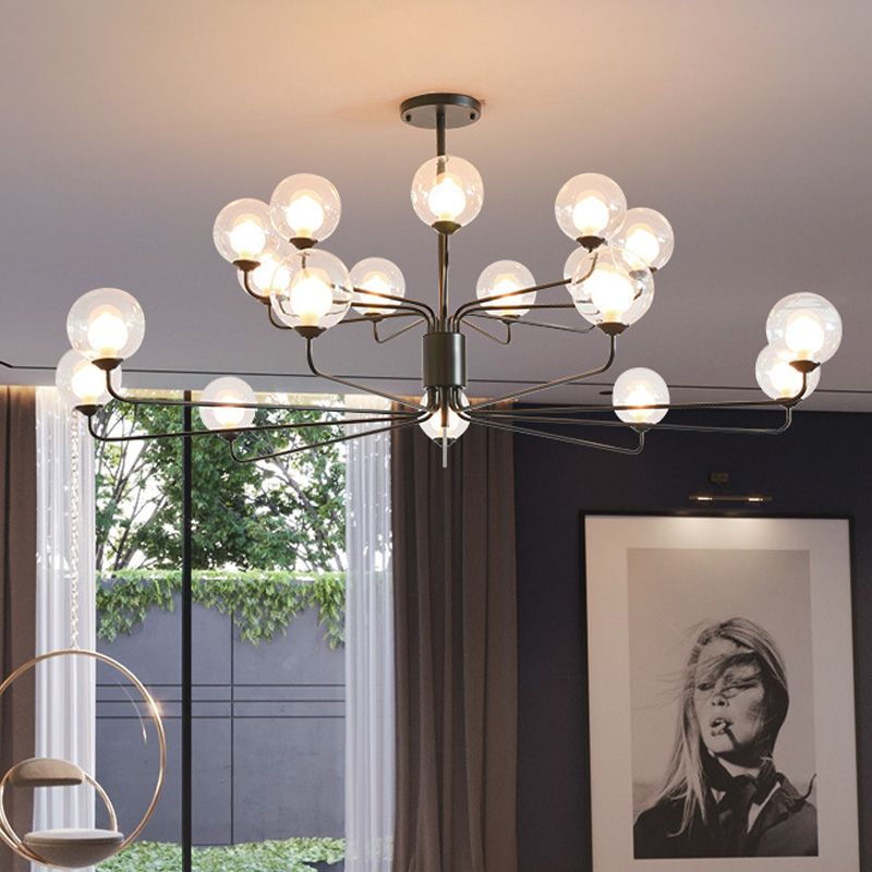 2-Tier Ball Clear Glass Chandelier with Radial Design Contemporary 8/12/18 Lights Black/Gold Hanging Light Fixture