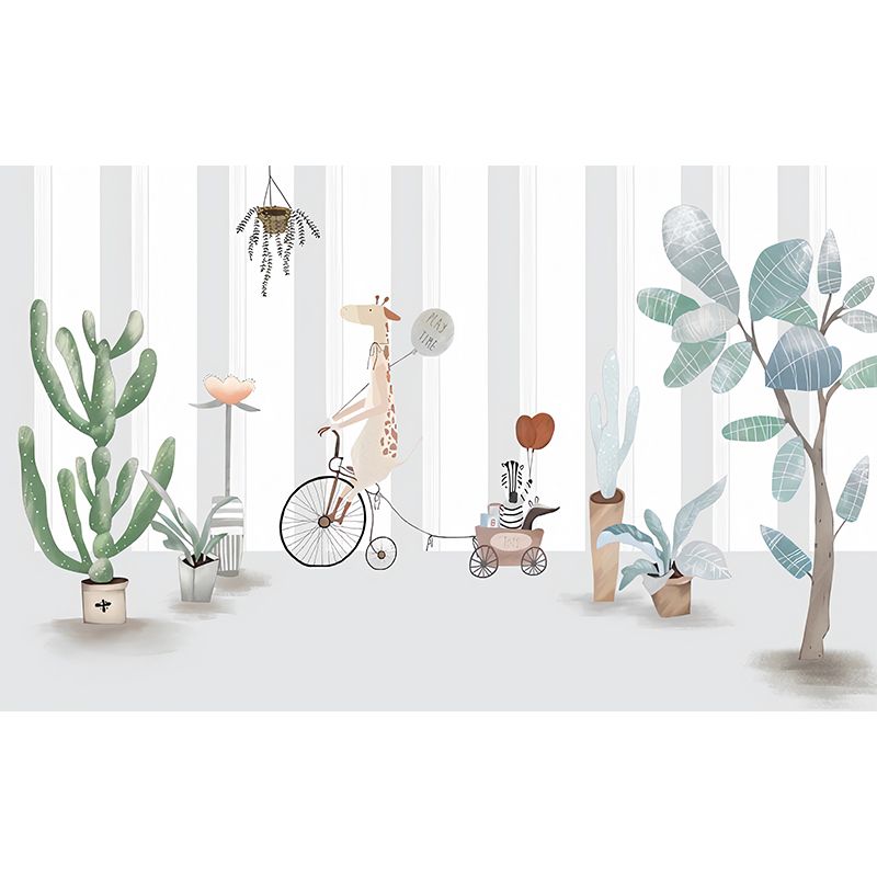 Cute Cactus Mural Wallpaper for Children's Bedroom, Green and Grey, Personalized Size Available