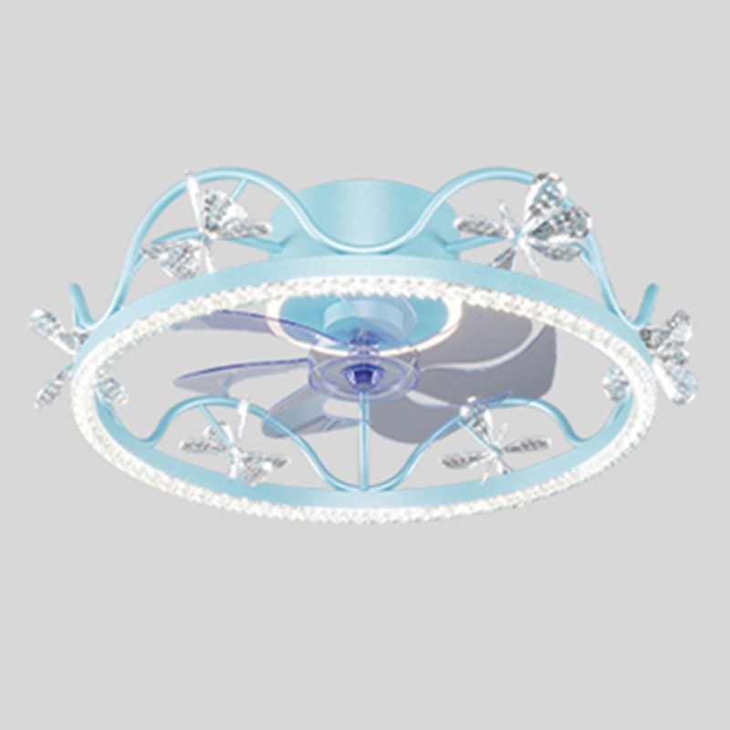 Crown Shaped Kids Bedroom Fan Lighting Metal Macaron LED Semi Flush Ceiling Light with Crystal Decor