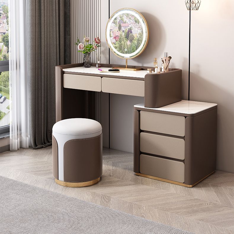 29.53" H Wood/Stone Vanity Table Stool Set 2/5 Drawers Dresser in Brown