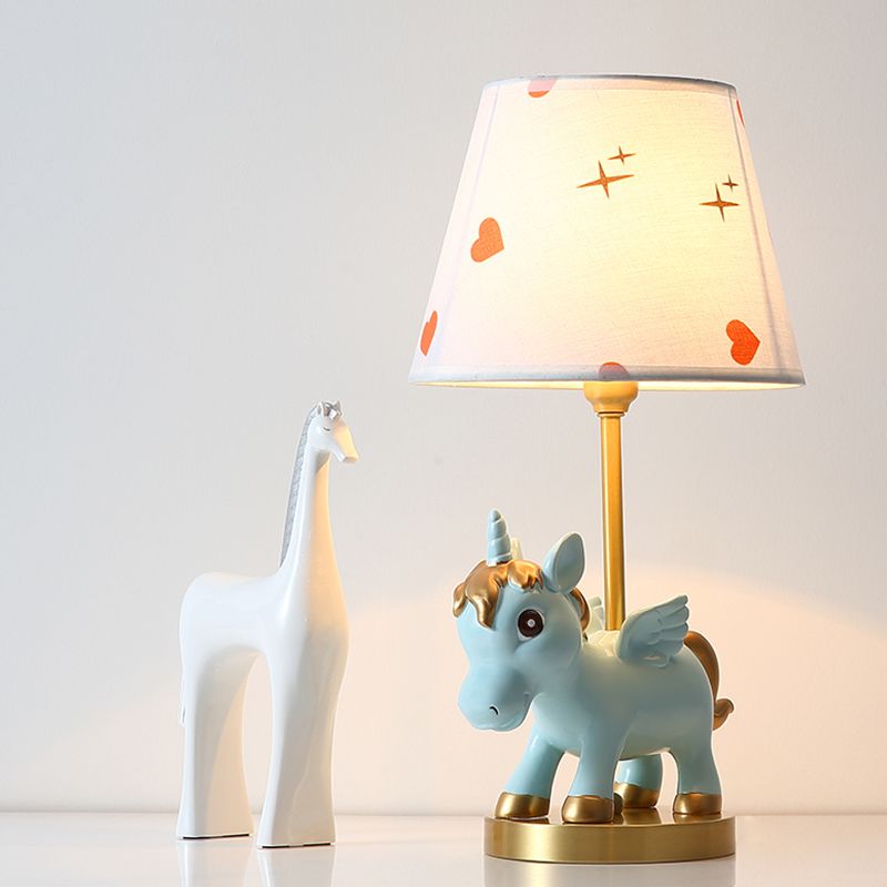 Cone Shade Night Light Kids Print Fabric 1 Bulb Pink/Blue Table Lighting with Unicorn Base